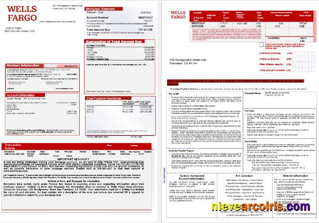 USA Wells Fargo bank mortgage statement, 3 pages 1-2